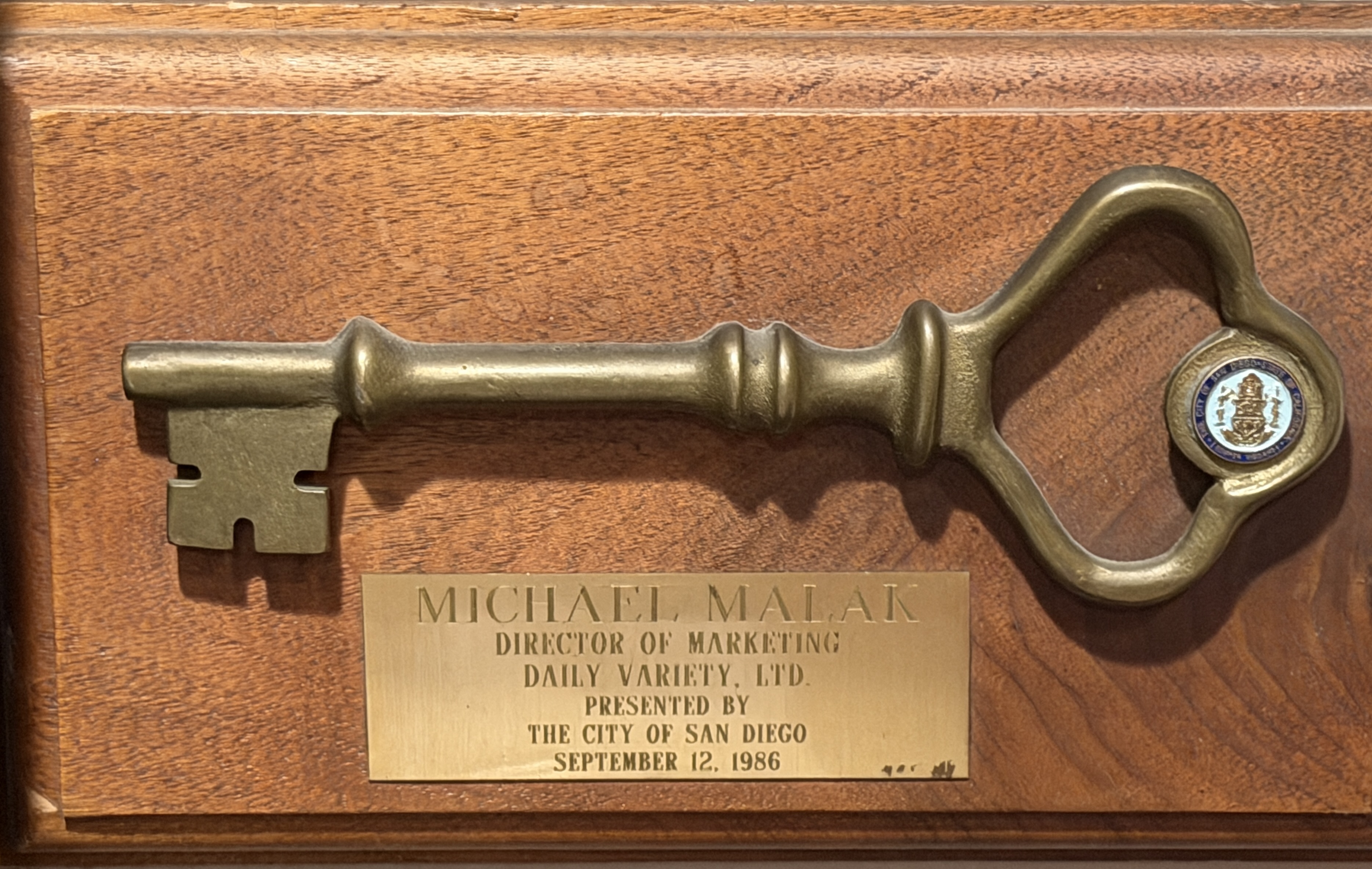 Key to the City of San Diego presented to Michael Malak, 1986