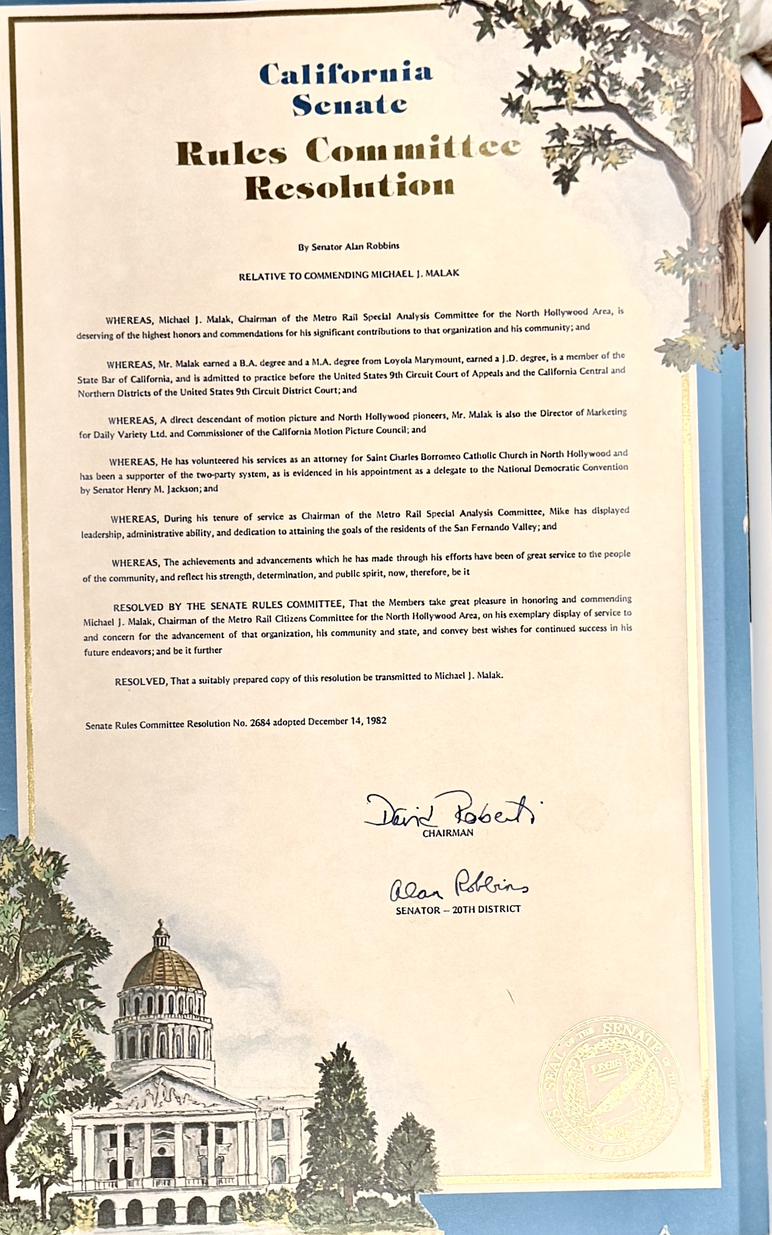 California Senate Rules Committee Resolution commending Michael J. Malak, 1982